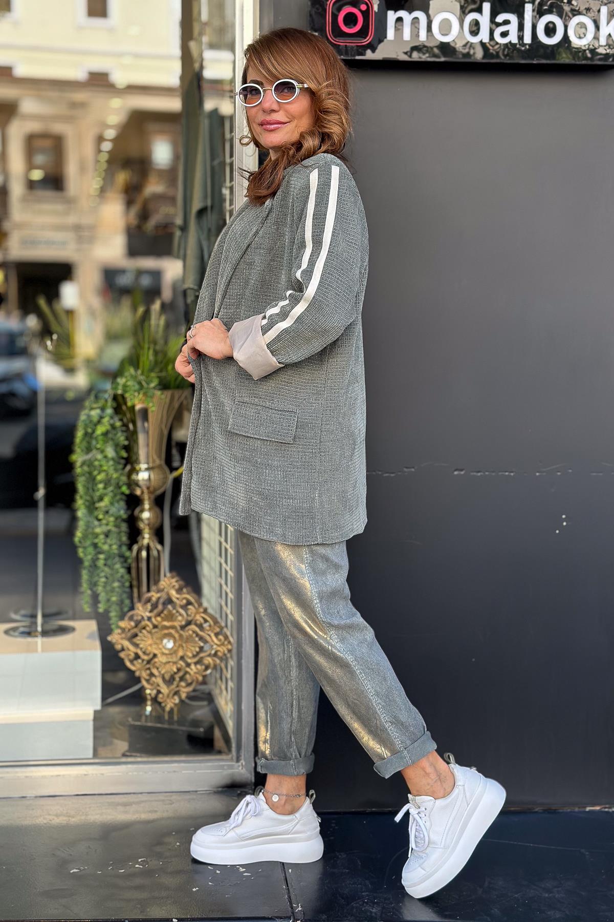 Kolları Şeritli Kadife Blazer Ceket Haki RenkCEKET
