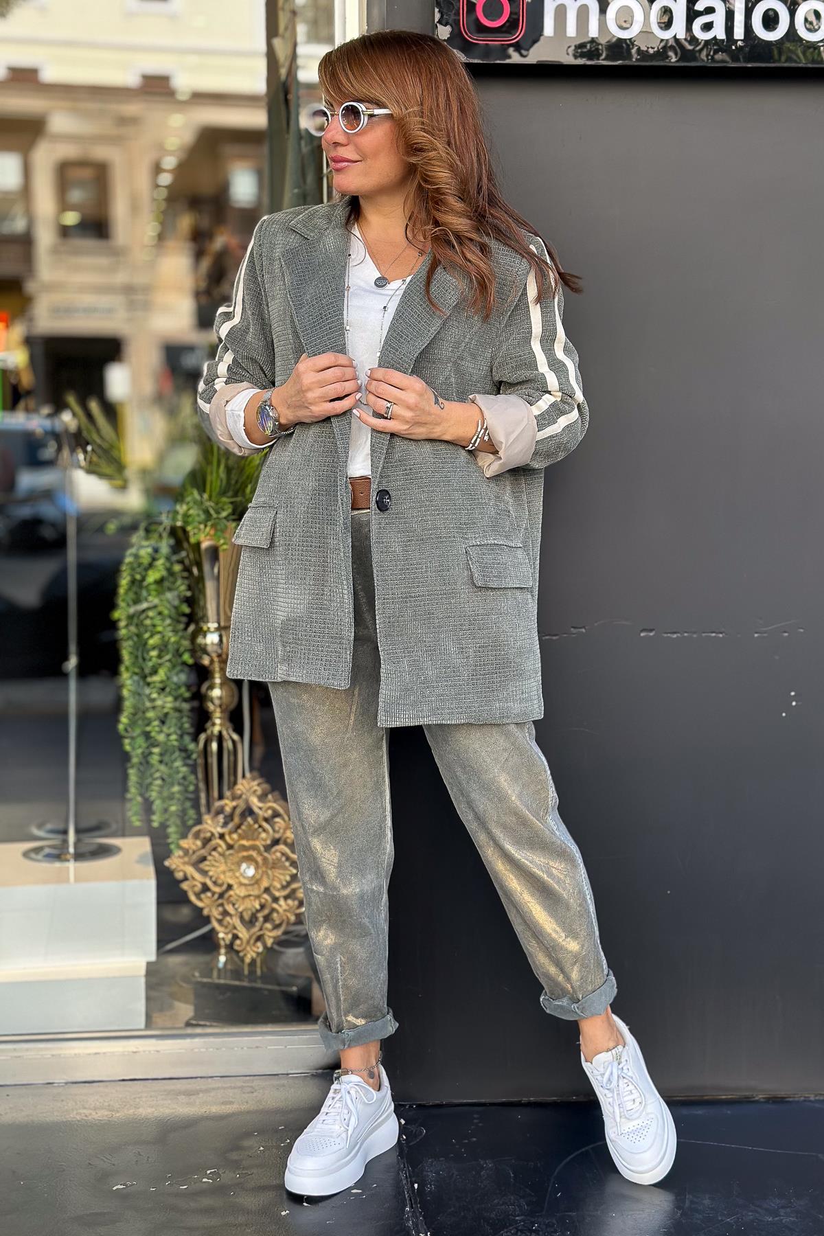 Kolları Şeritli Kadife Blazer Ceket Haki RenkCEKET