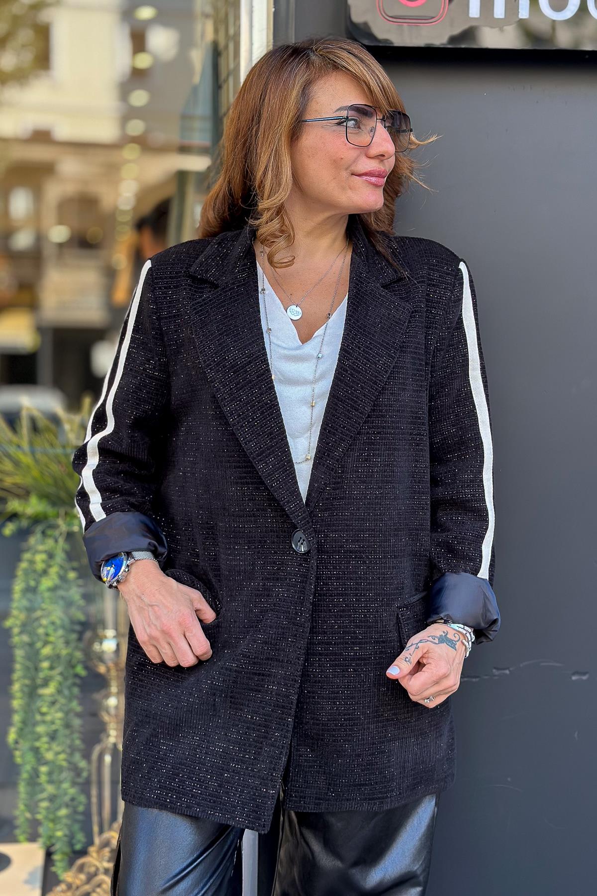 Kolları Şeritli Kadife Blazer Ceket Siyah RenkCEKET