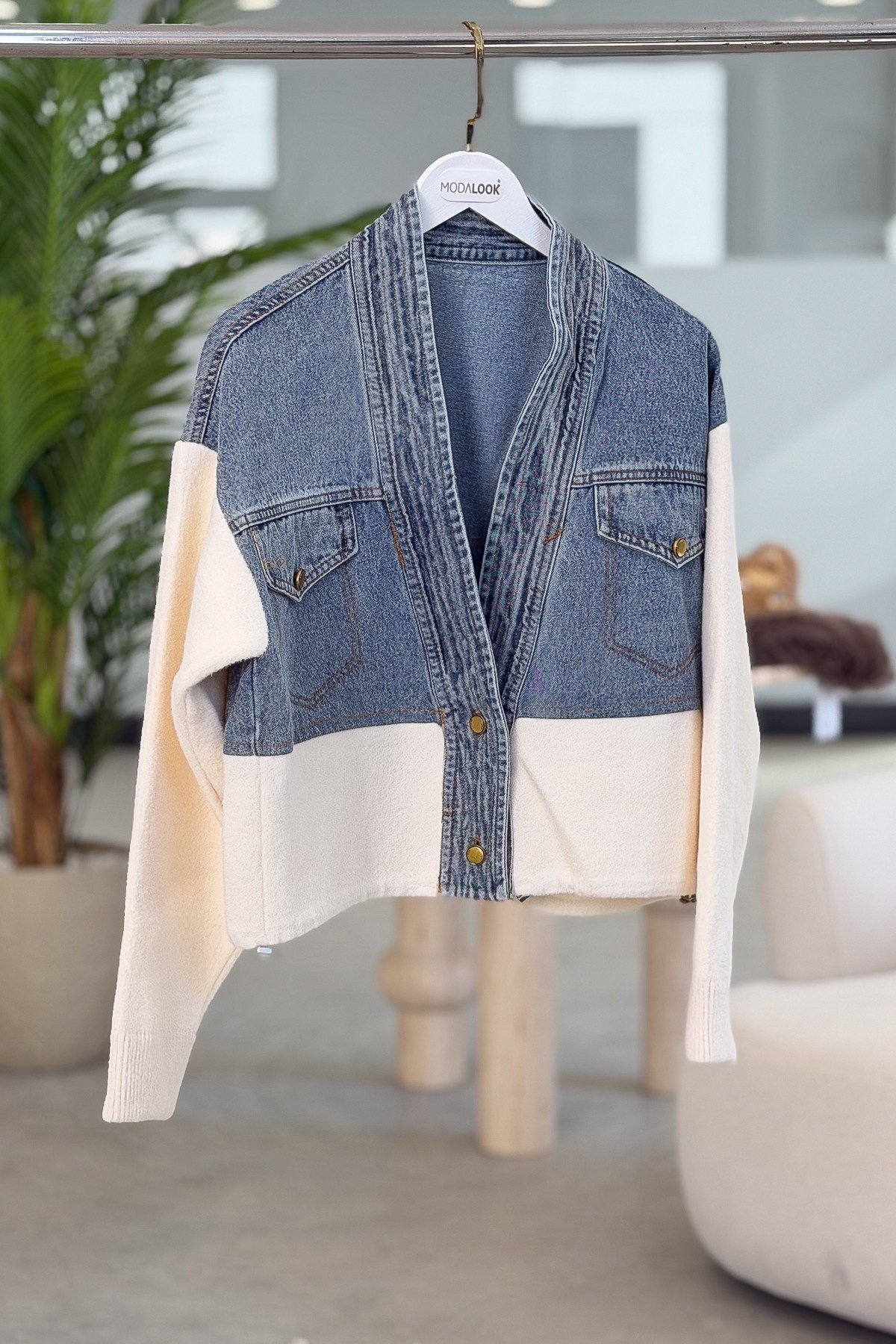 Kot Ve Angora Kumaşlı Bomber Ceket Krem RenkCEKET