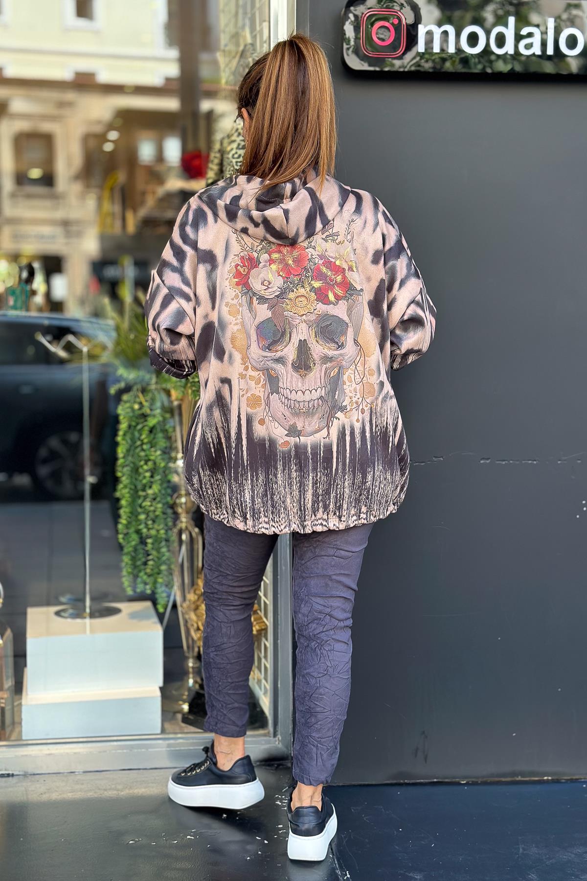 Kuru Kafa Desenli Kapüşonlu Güderi Ceket Camel RenkCEKET