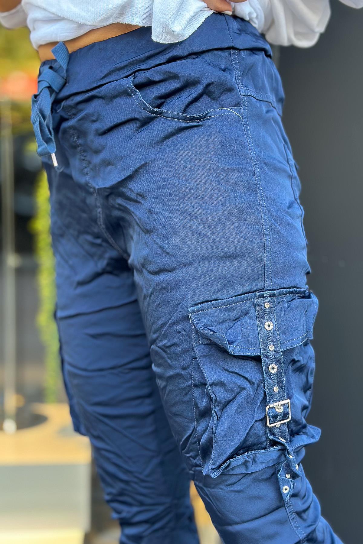 Kuşgözü Taşlı Kargo Cepli Saten Pantolon Lacivert RenkPANTOLON