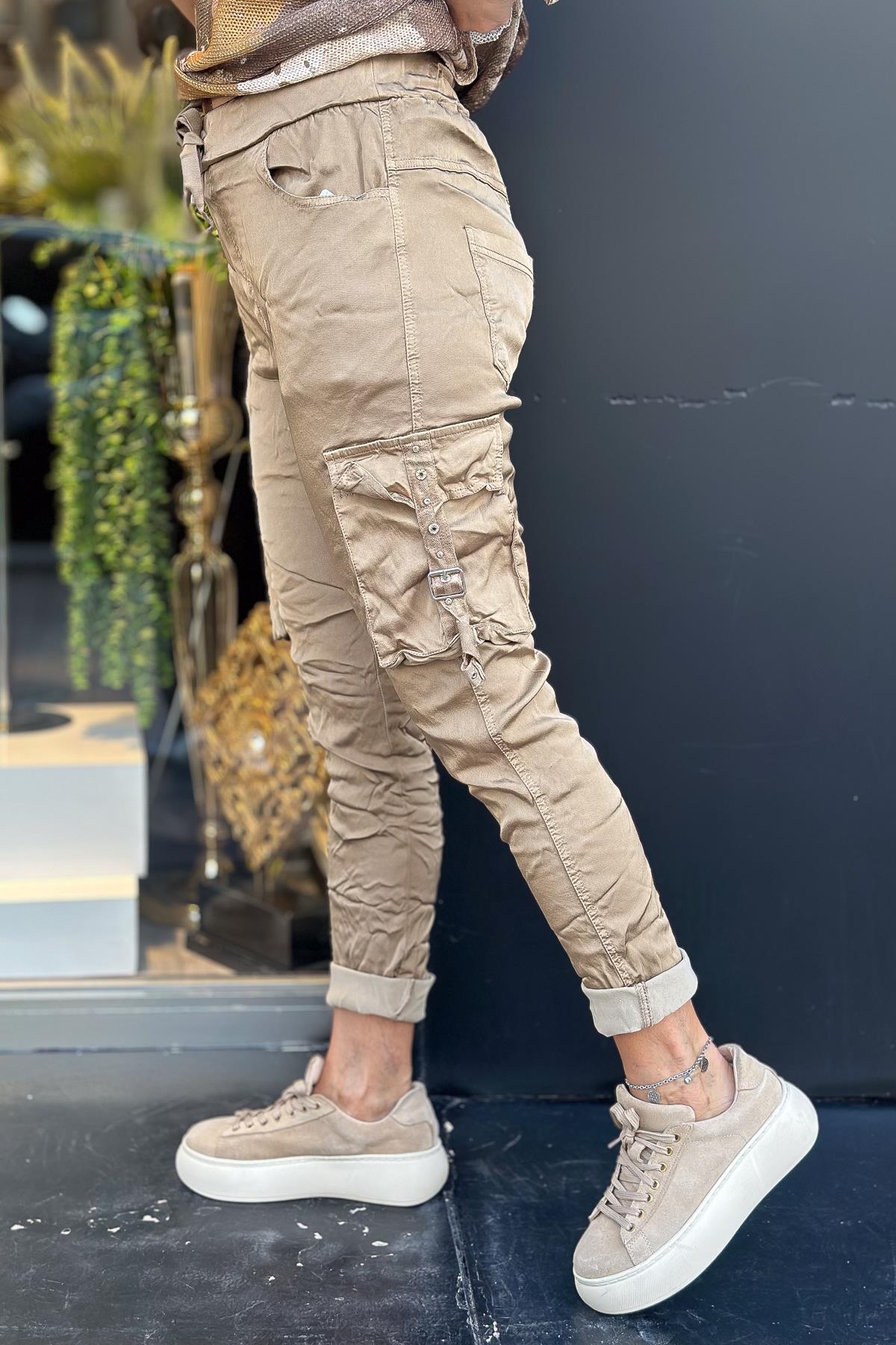 Kuşgözü Taşlı Kargo Cepli Saten Pantolon Camel RenkPANTOLON