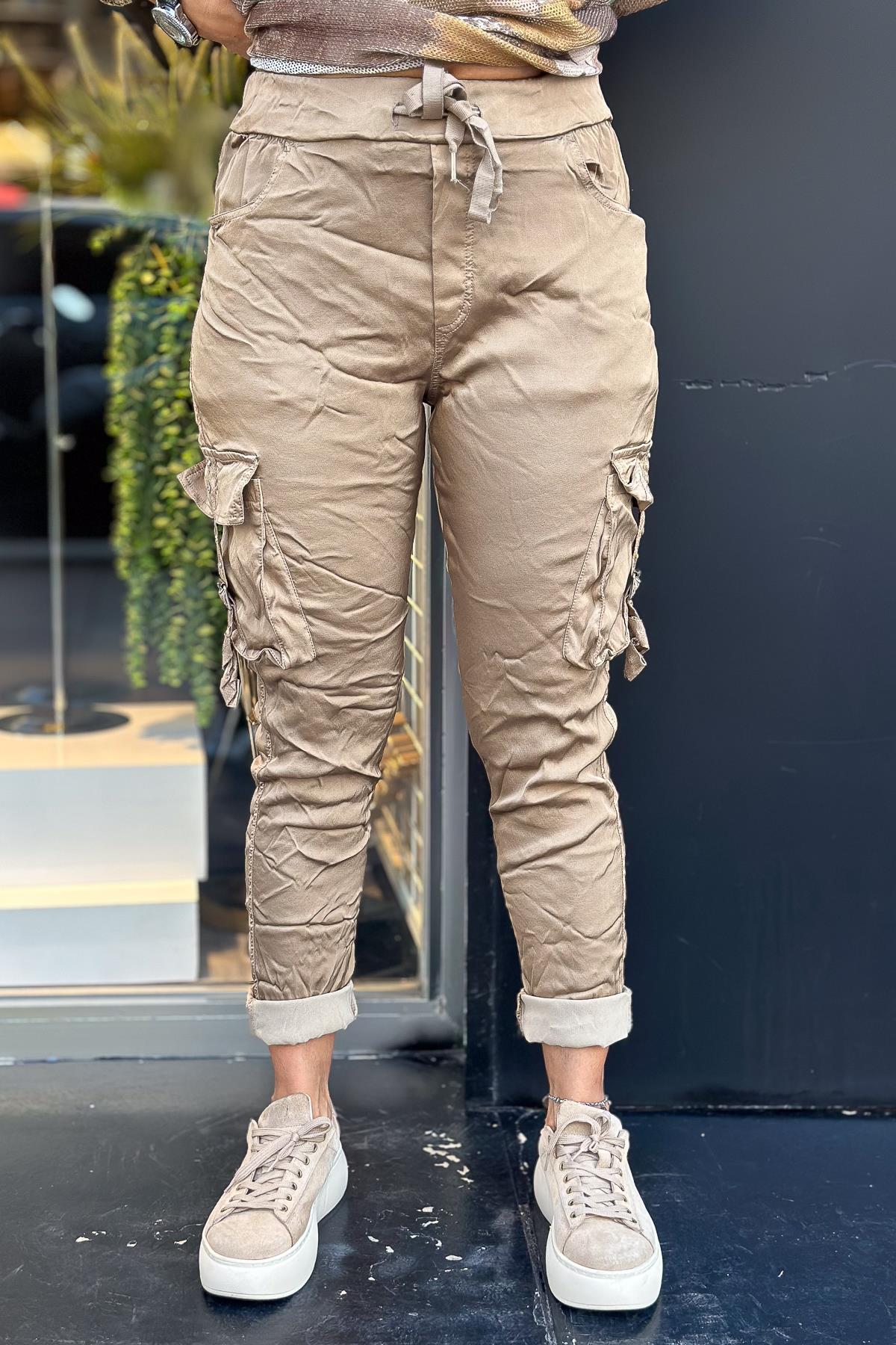 Kuşgözü Taşlı Kargo Cepli Saten Pantolon Camel RenkPANTOLON