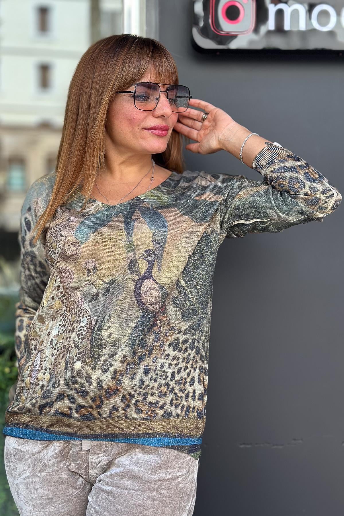 Leopar Desen V Yaka Simli Triko Mint RenkBLUZ
