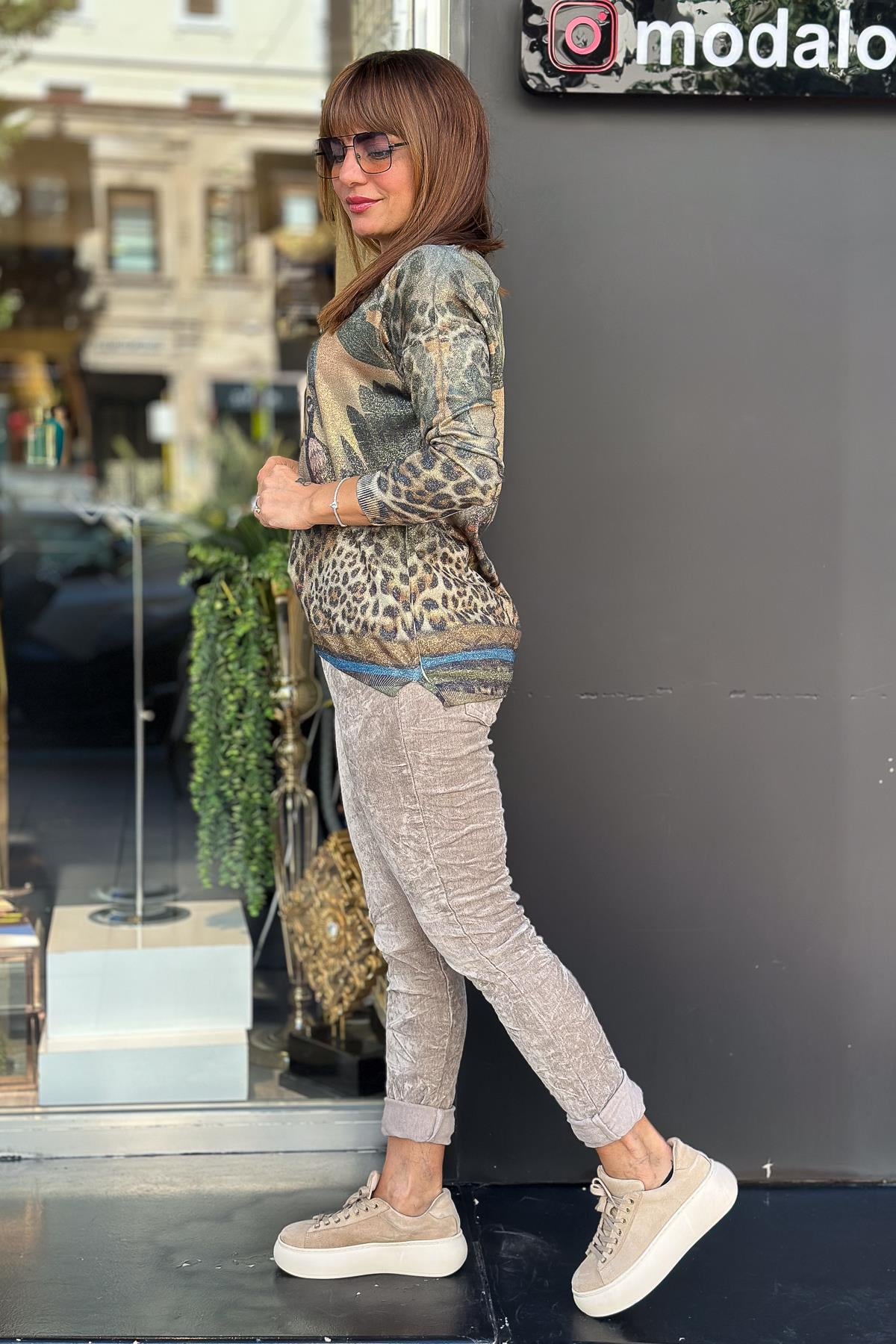 Leopar Desen V Yaka Simli Triko Mint RenkBLUZ