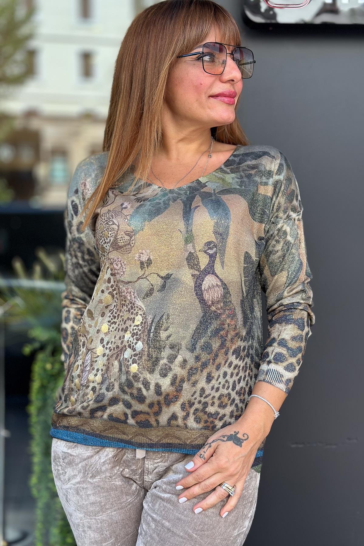 Leopar Desen V Yaka Simli Triko Mint RenkBLUZ