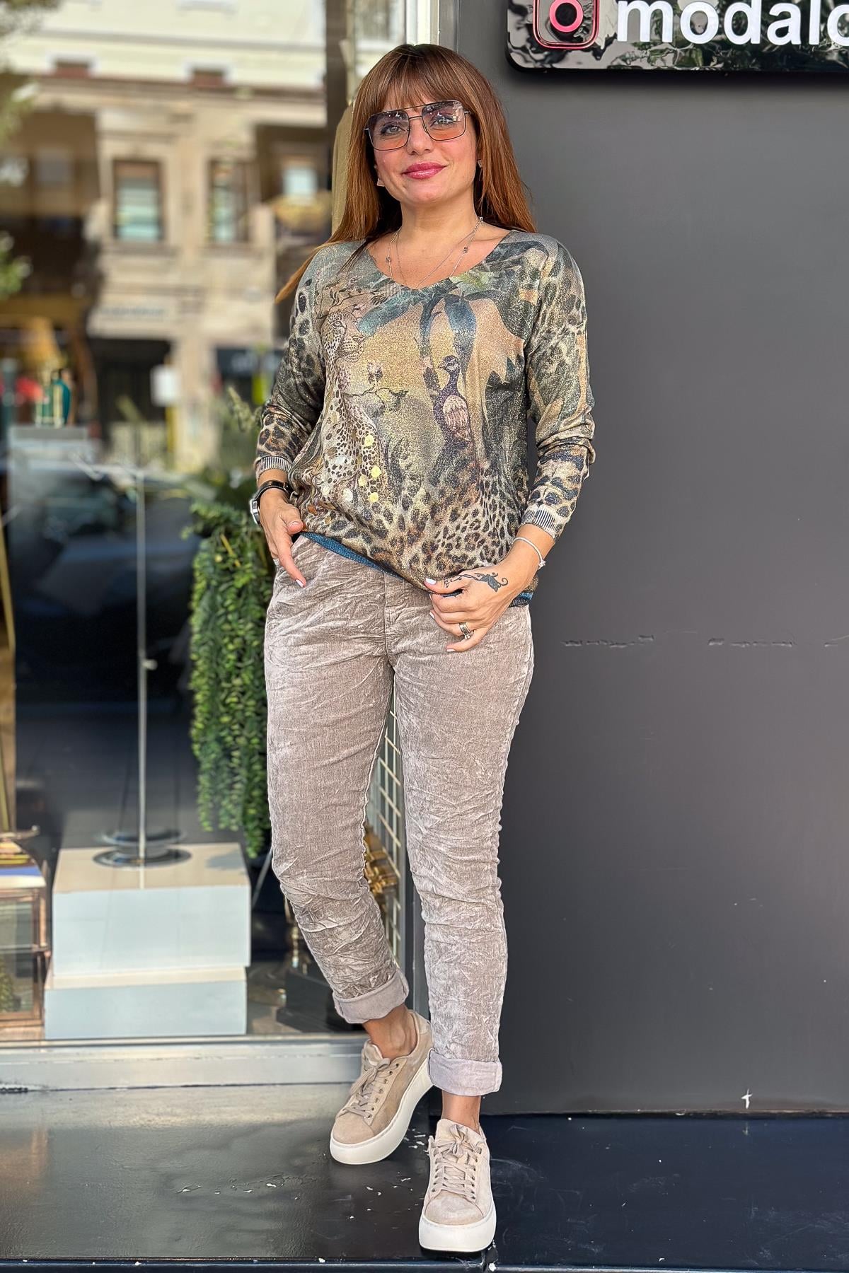 Leopar Desen V Yaka Simli Triko Mint RenkBLUZ