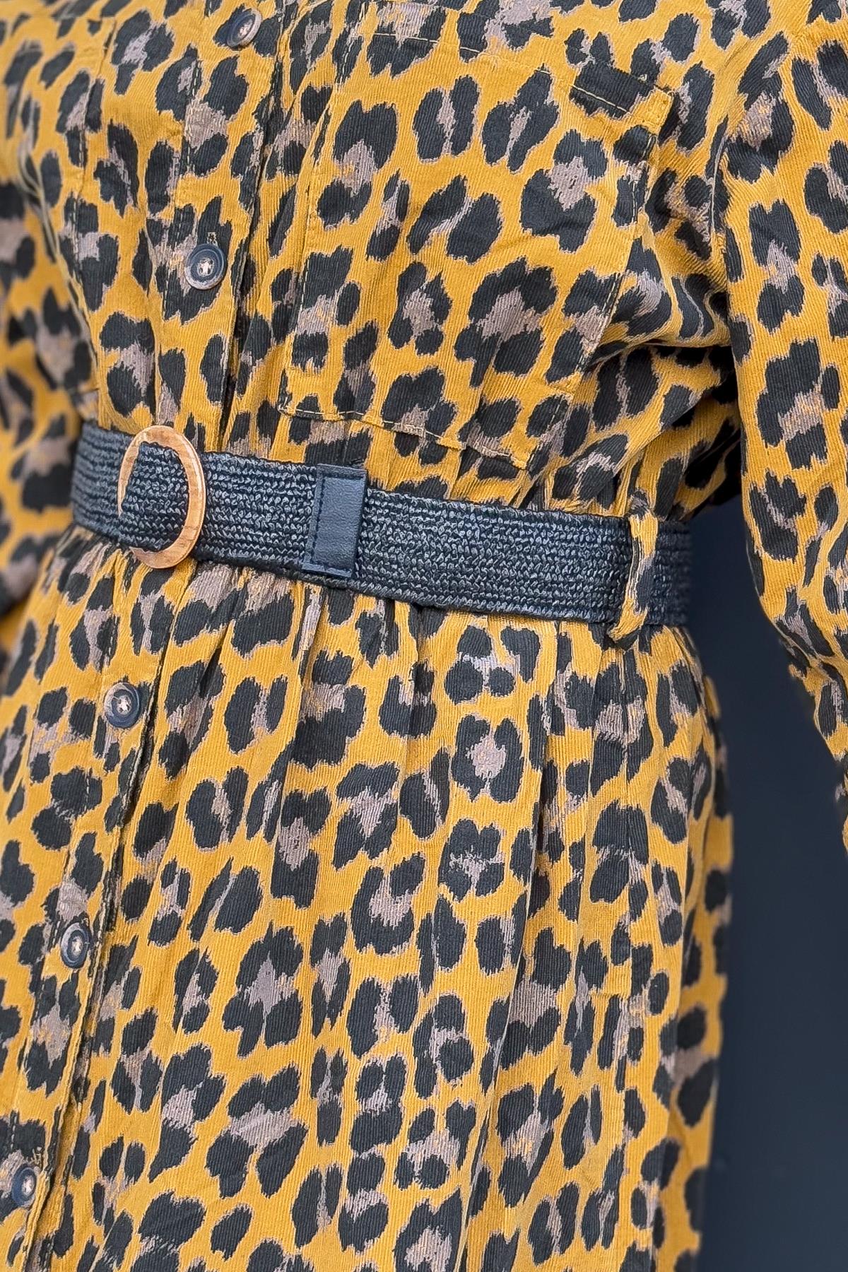 Leopar Desenli Boydan Düğmeli Kadife Elbise Hardal RenkELBİSE