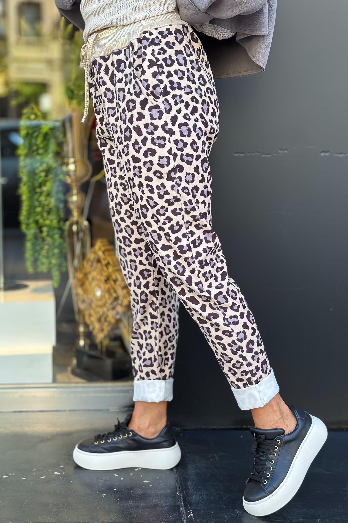 Leopar Desenli Güderi Pantolon Bej RenkPANTOLON