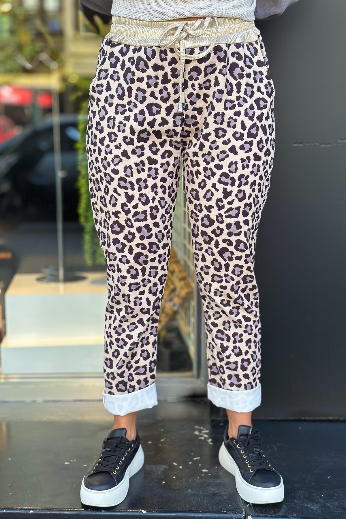 Leopar Desenli Güderi Pantolon Bej RenkPANTOLON
