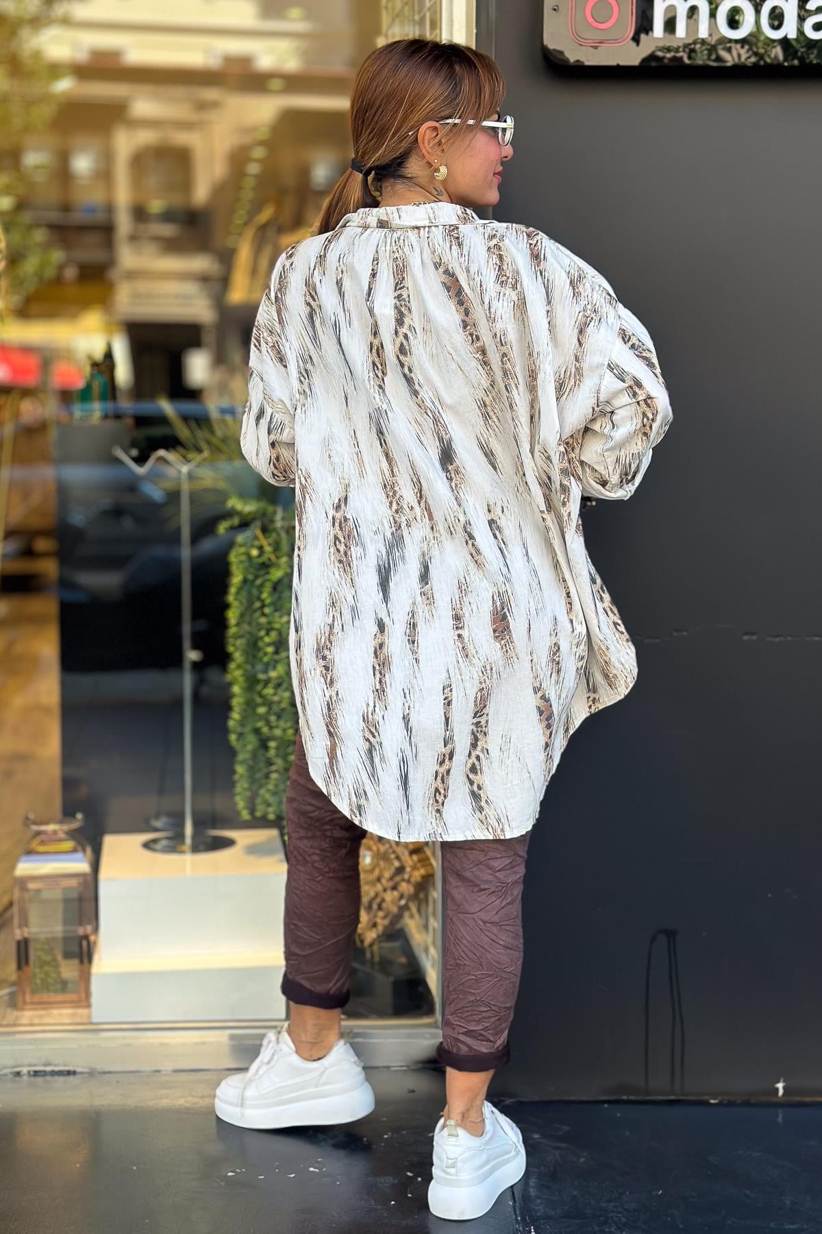 Leopar Desenli Kadife Gömlek Beyaz RenkGÖMLEK