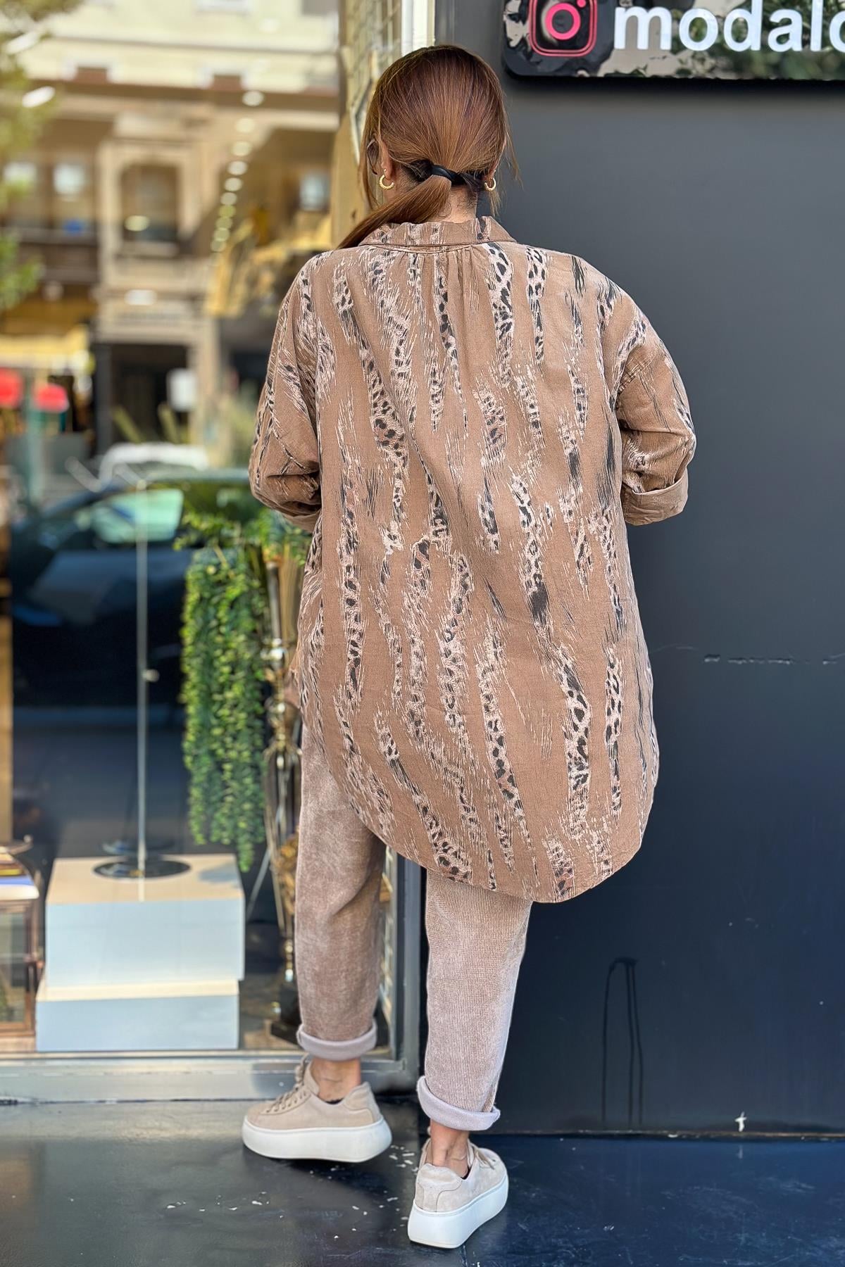 Leopar Desenli Kadife Gömlek Camel RenkGÖMLEK