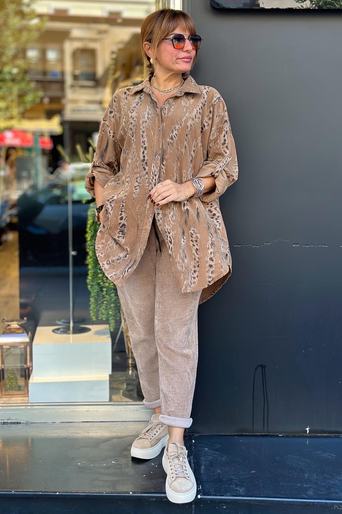 Leopar Desenli Kadife Gömlek Camel RenkGÖMLEK