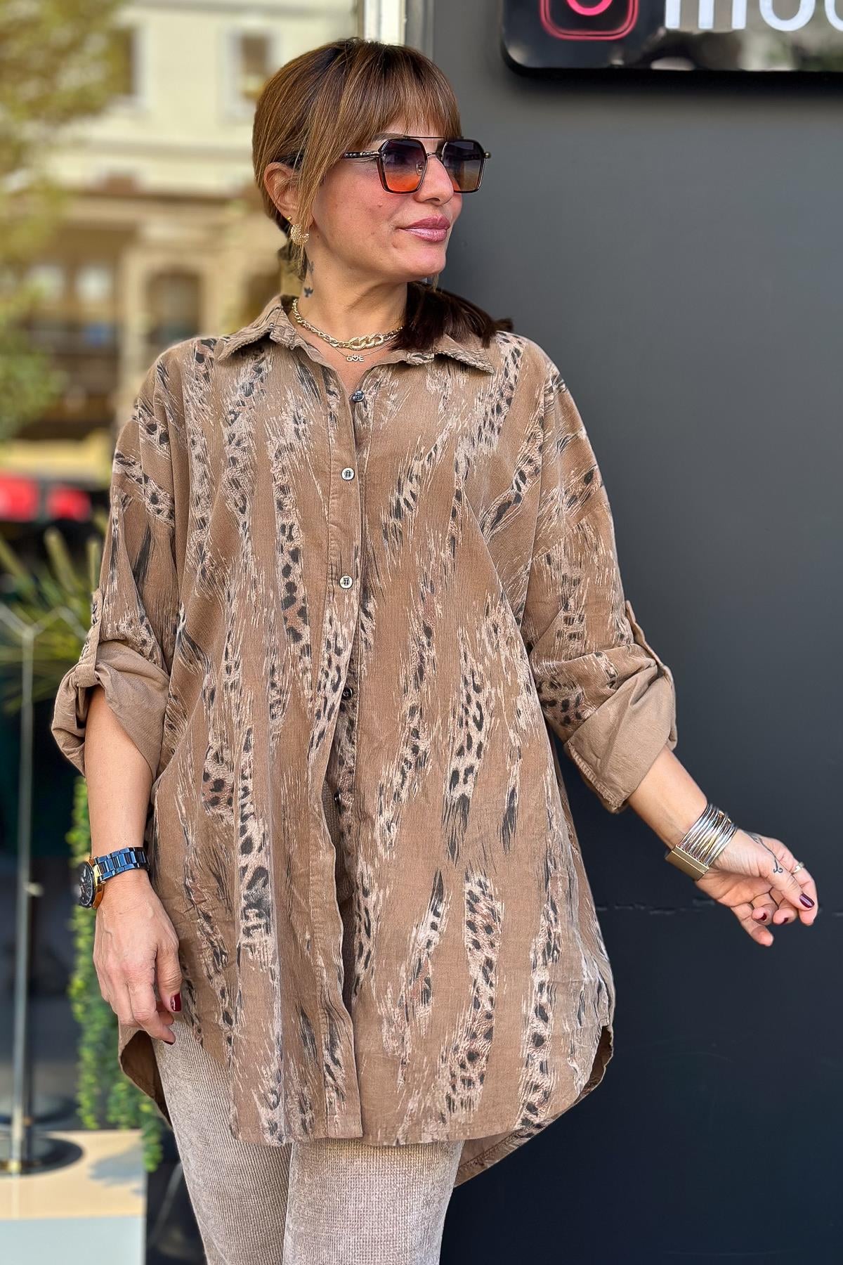Leopar Desenli Kadife Gömlek Camel RenkGÖMLEK