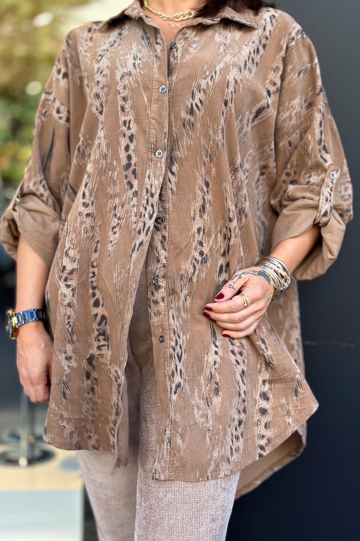Leopar Desenli Kadife Gömlek Camel RenkGÖMLEK