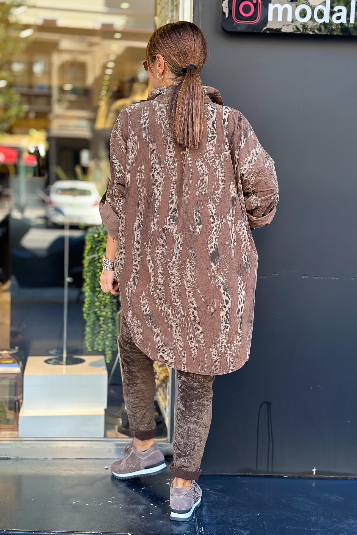 Leopar Desenli Kadife Gömlek Kahverengi RenkGÖMLEK
