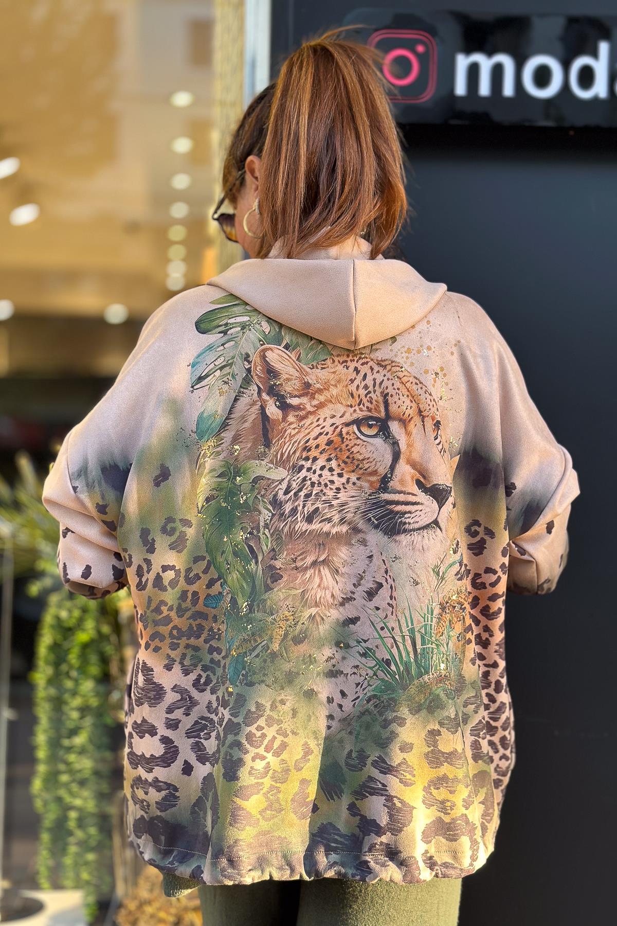 Leopar Desenli Kapüşonlu Güderi Ceket Camel RenkCEKET