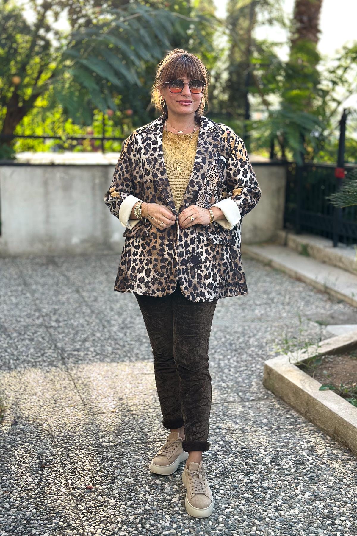 Leopar Desenli Kaşe Blazer Ceket Bej RenkCEKET
