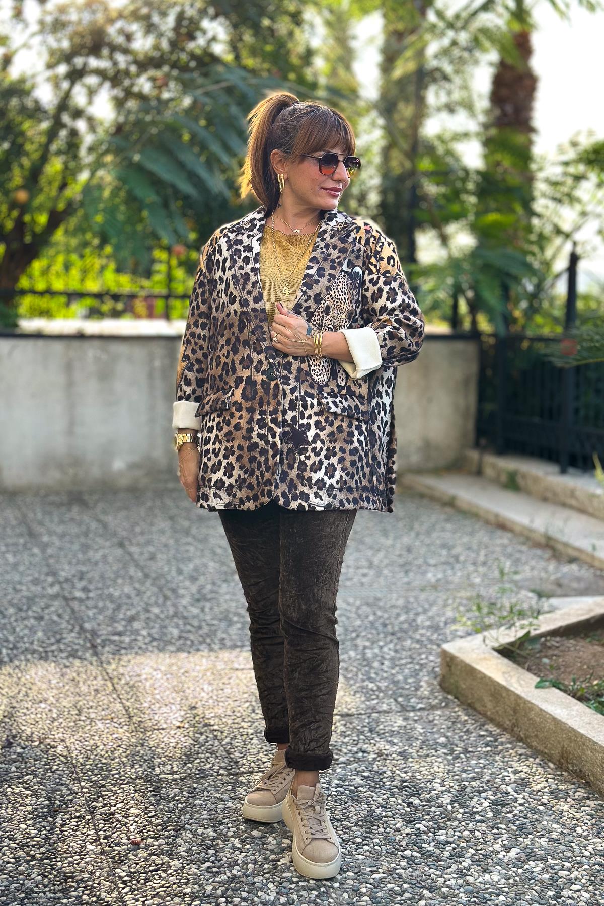 Leopar Desenli Kaşe Blazer Ceket Bej RenkCEKET