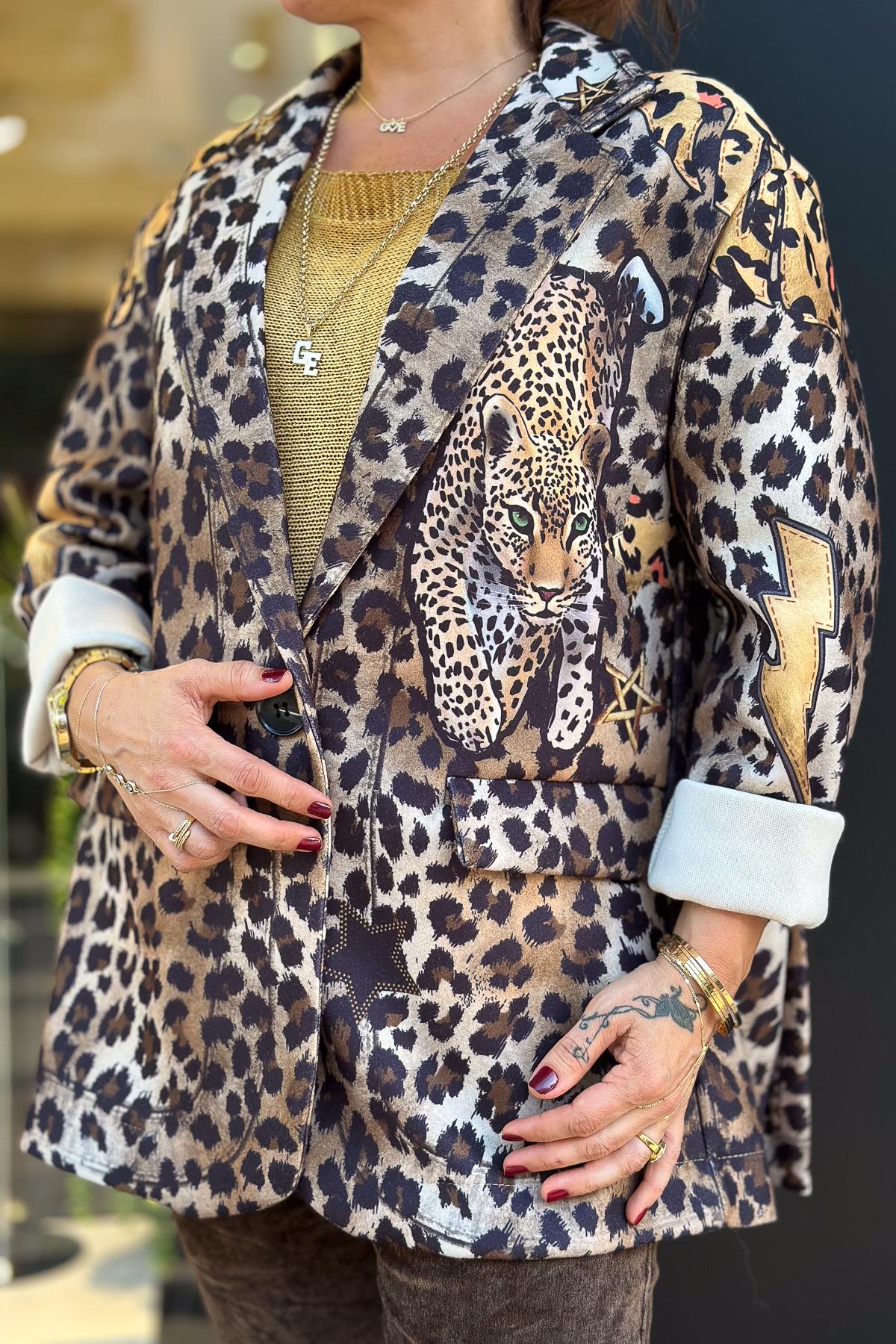Leopar Desenli Kaşe Blazer Ceket Bej RenkCEKET