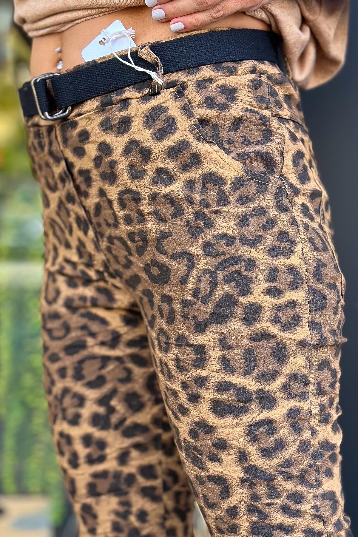 Leopar Desenli Kemerli Likralı Pantolon Camel RenkPANTOLON