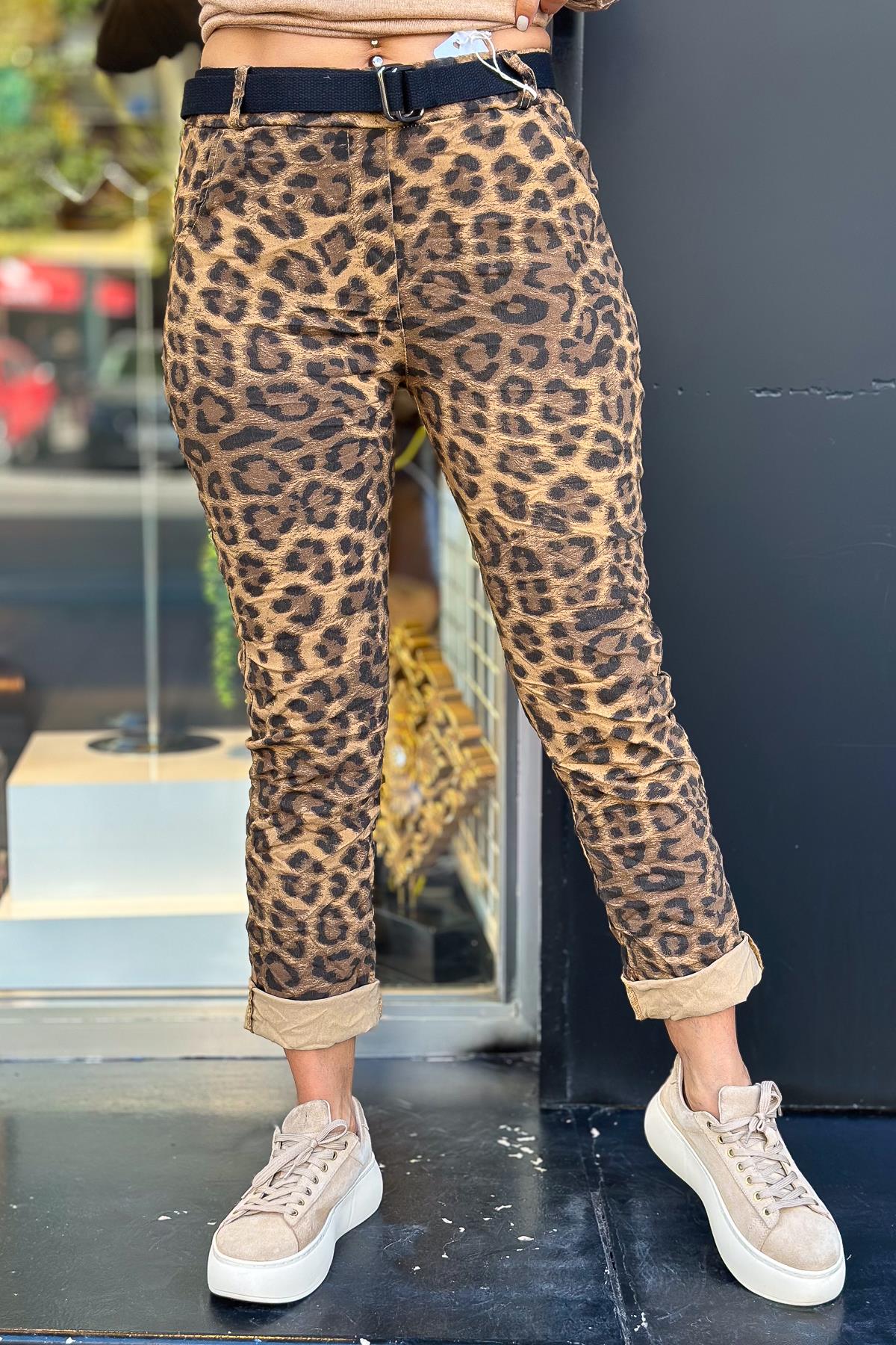 Leopar Desenli Kemerli Likralı Pantolon Camel RenkPANTOLON