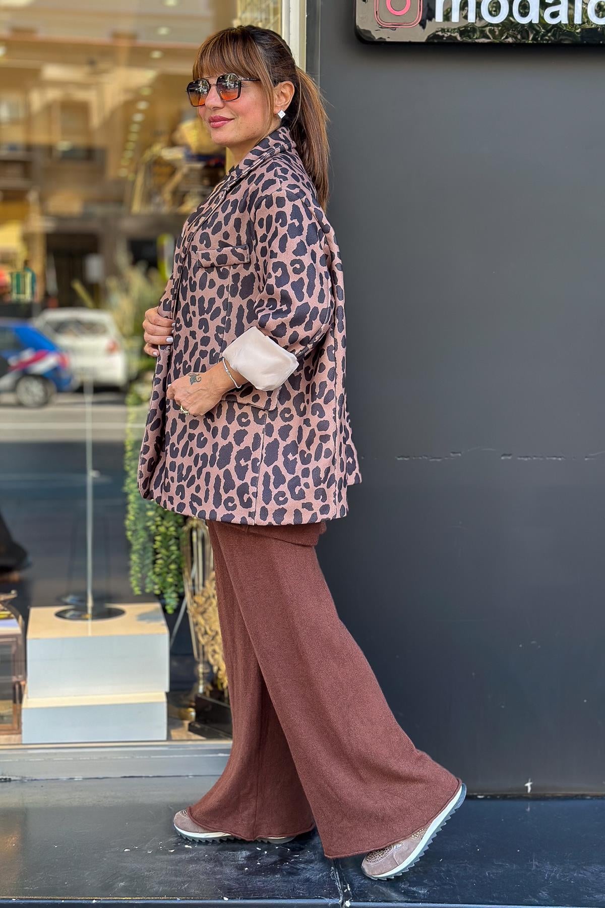 Leopar Desenli Oversize Kaşe Blazer Ceket Kahverengi RenkCEKET