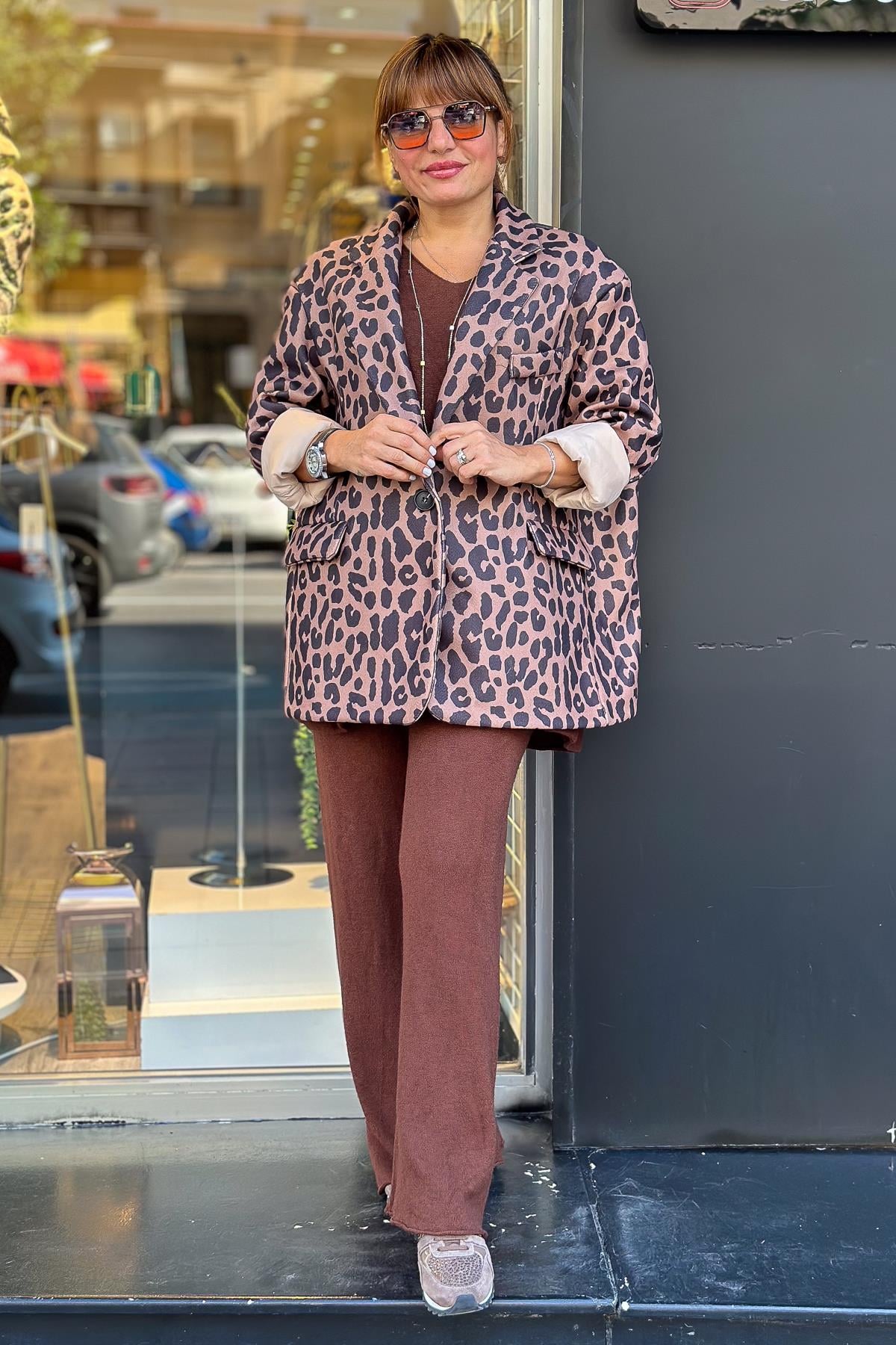 Leopar Desenli Oversize Kaşe Blazer Ceket Kahverengi RenkCEKET