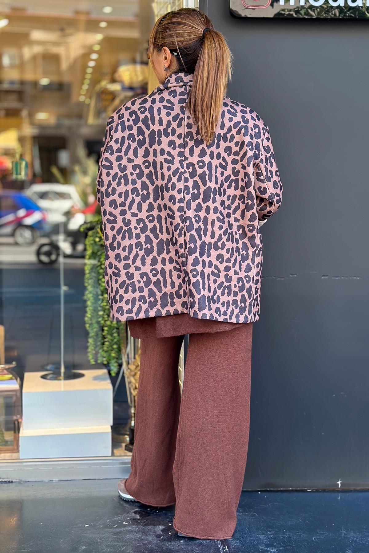 Leopar Desenli Oversize Kaşe Blazer Ceket Kahverengi RenkCEKET