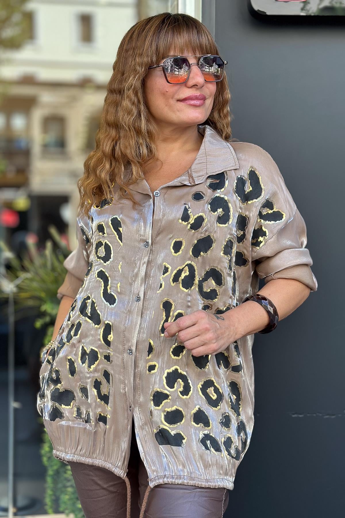 Leopar Desenli Parlak Saten Gömlek Camel RenkGÖMLEK