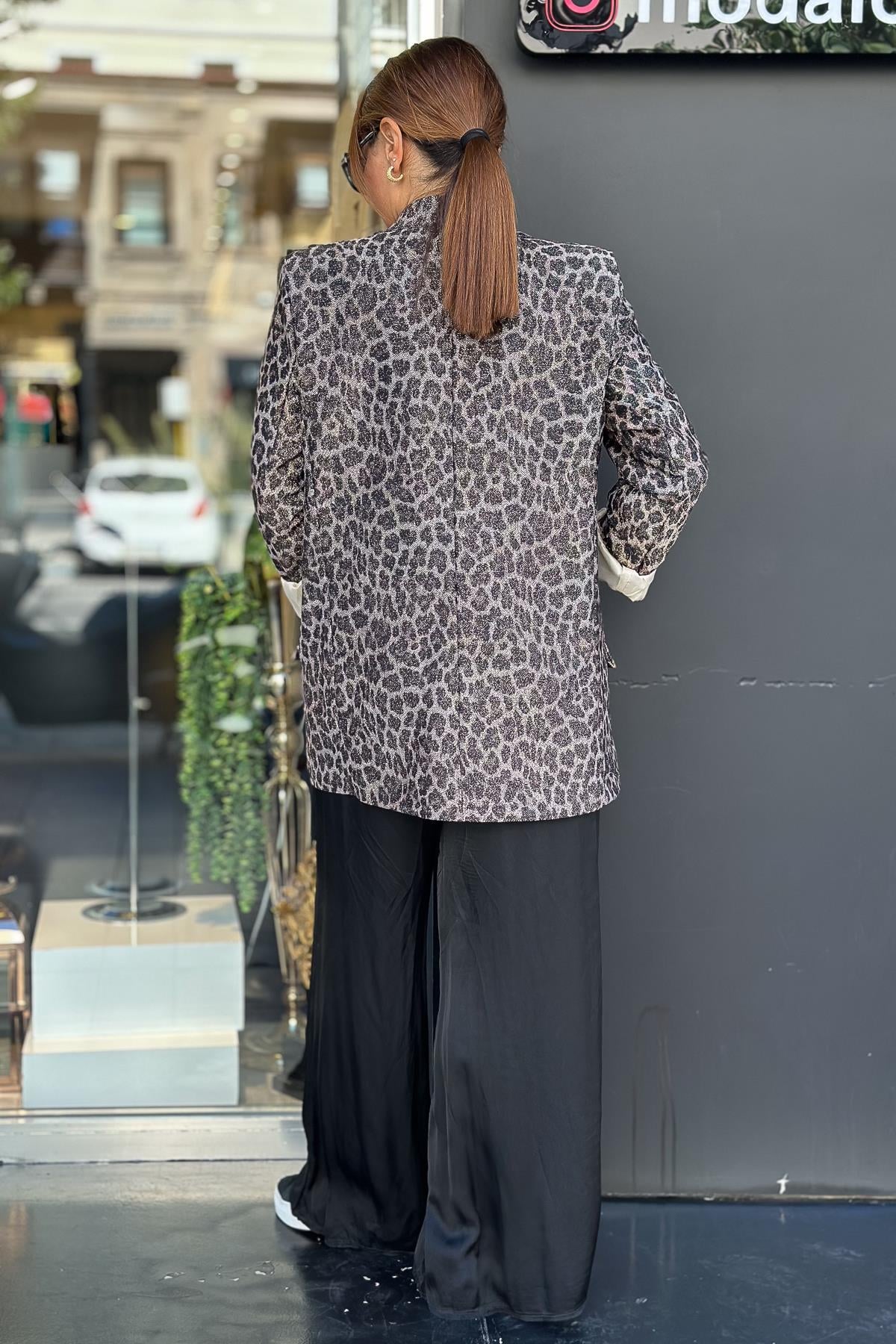 Leopar Desenli Simli Kumaş Blazer Ceket Bej RenkCEKET