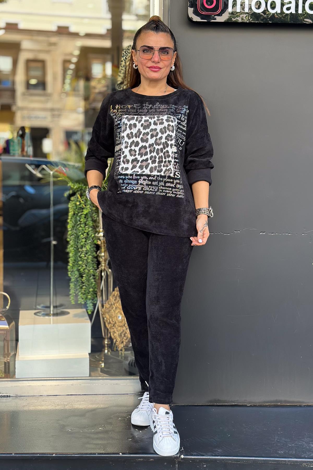Leopar Desenli Yuvarlak Yaka Kadife Sweet Siyah RenkBLUZ