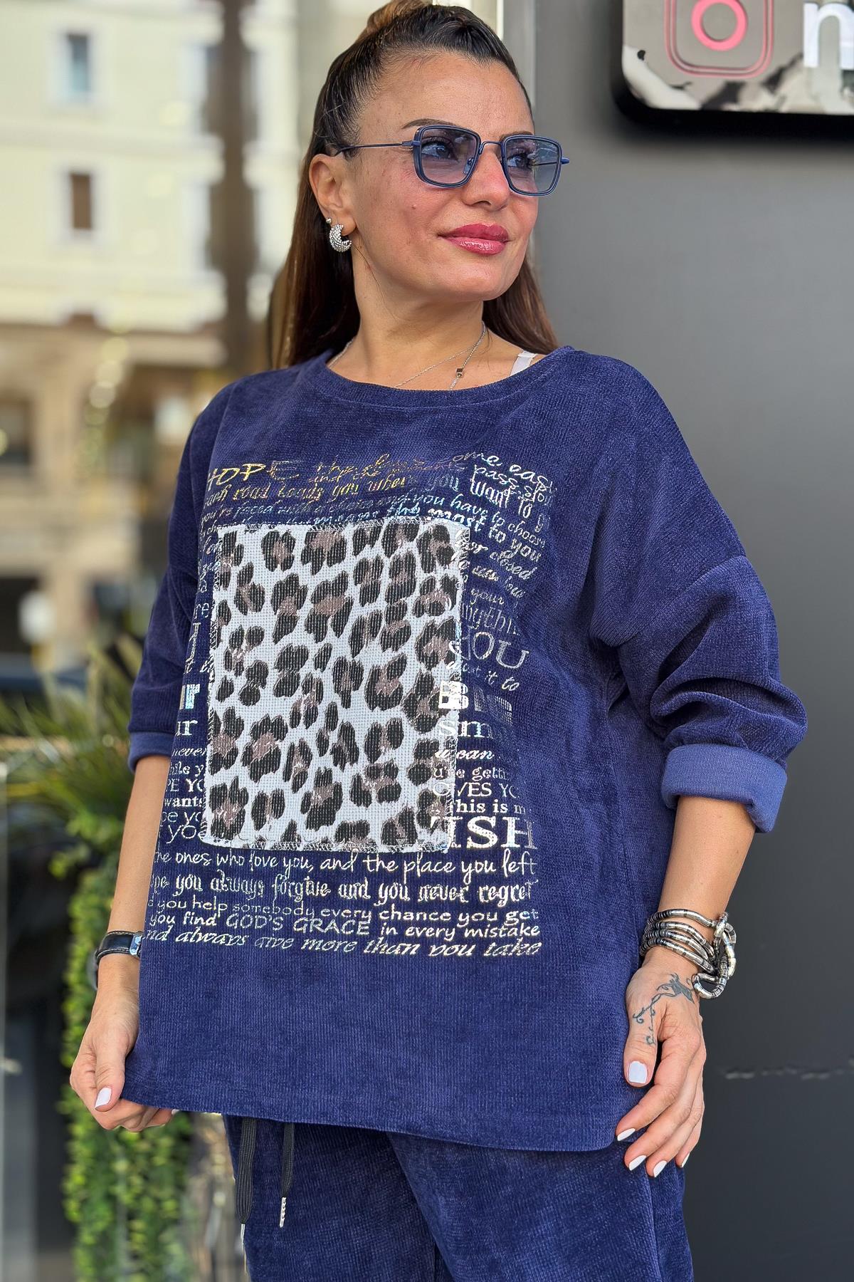 Leopar Desenli Yuvarlak Yaka Kadife Sweet Lacivert RenkBLUZ