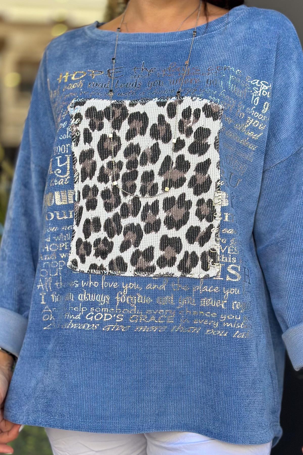 Leopar Desenli Yuvarlak Yaka Kadife Sweet İndigo RenkBLUZ