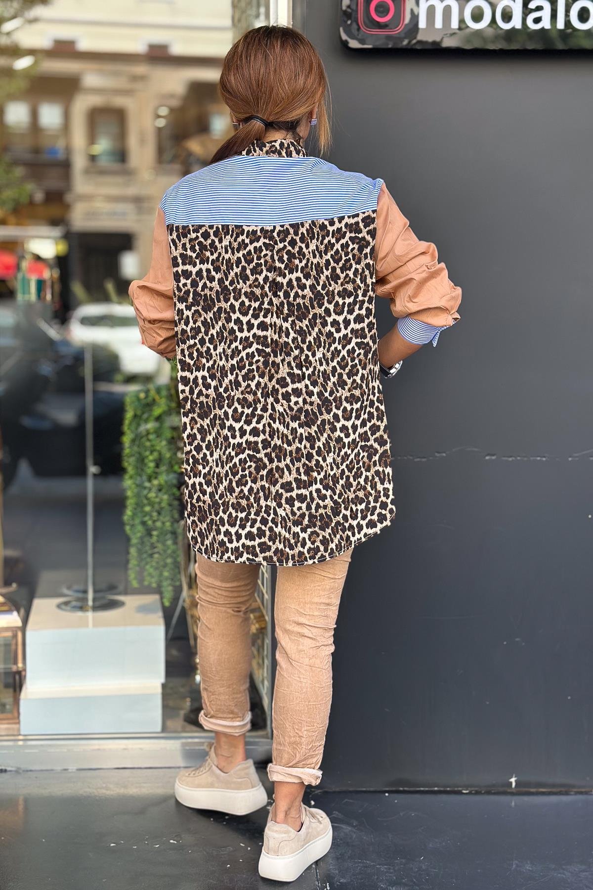 Leopar Detaylı Çizgili Gömlek Camel RenkGÖMLEK