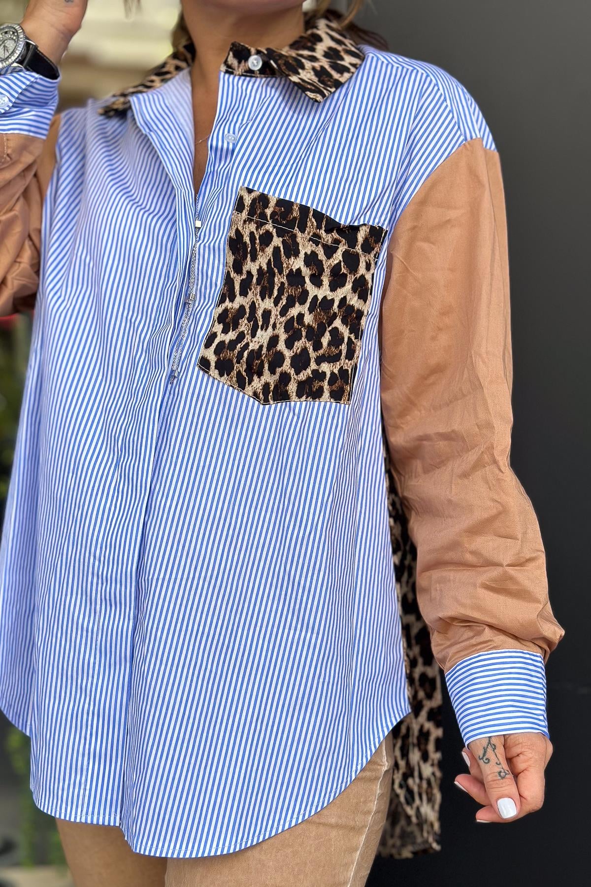 Leopar Detaylı Çizgili Gömlek Camel RenkGÖMLEK