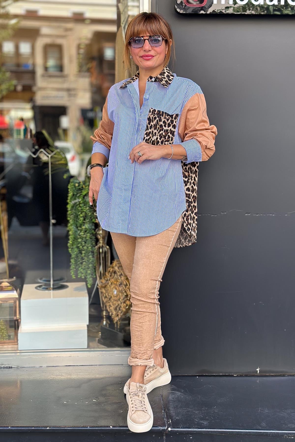 Leopar Detaylı Çizgili Gömlek Camel RenkGÖMLEK