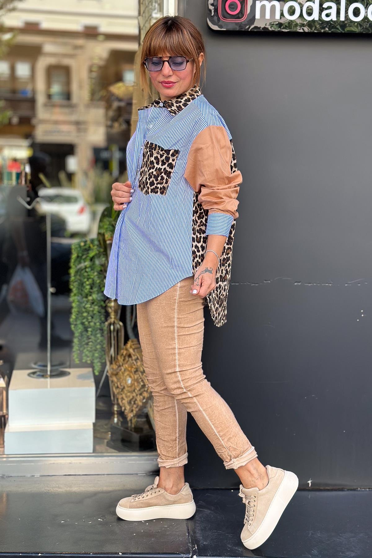 Leopar Detaylı Çizgili Gömlek Camel RenkGÖMLEK