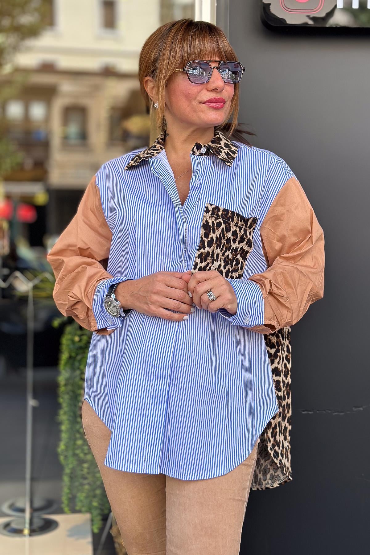 Leopar Detaylı Çizgili Gömlek Camel RenkGÖMLEK