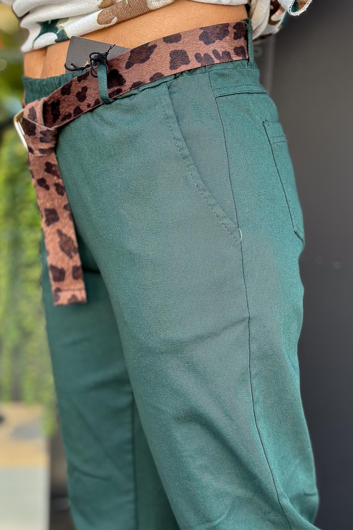 Leopar Kemerli Basic Likralı Pantolon Nefti Yeşil RenkPANTOLON