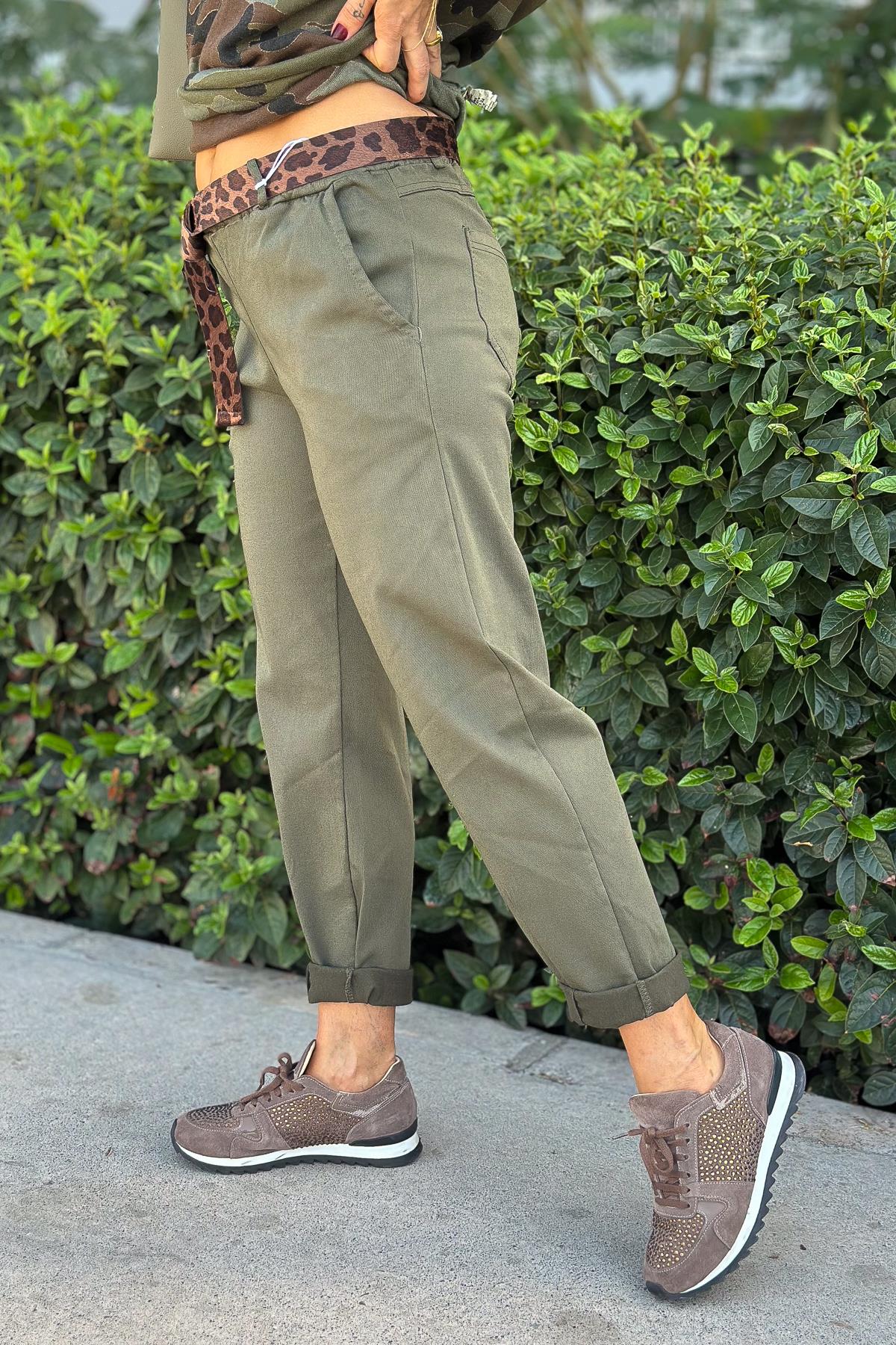 Leopar Kemerli Basic Likralı Pantolon Haki RenkPANTOLON