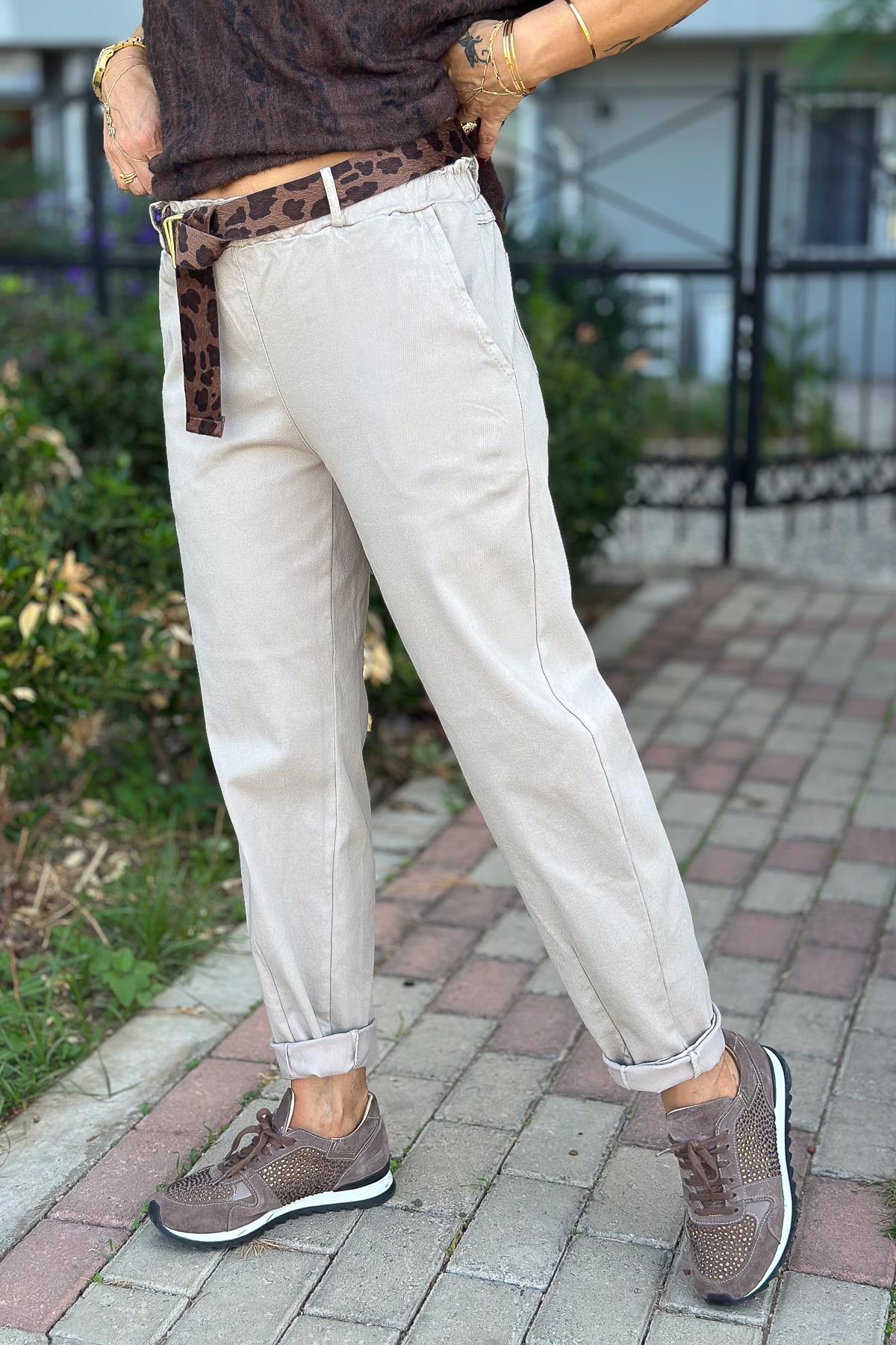 Leopar Kemerli Basic Likralı Pantolon Bej RenkPANTOLON