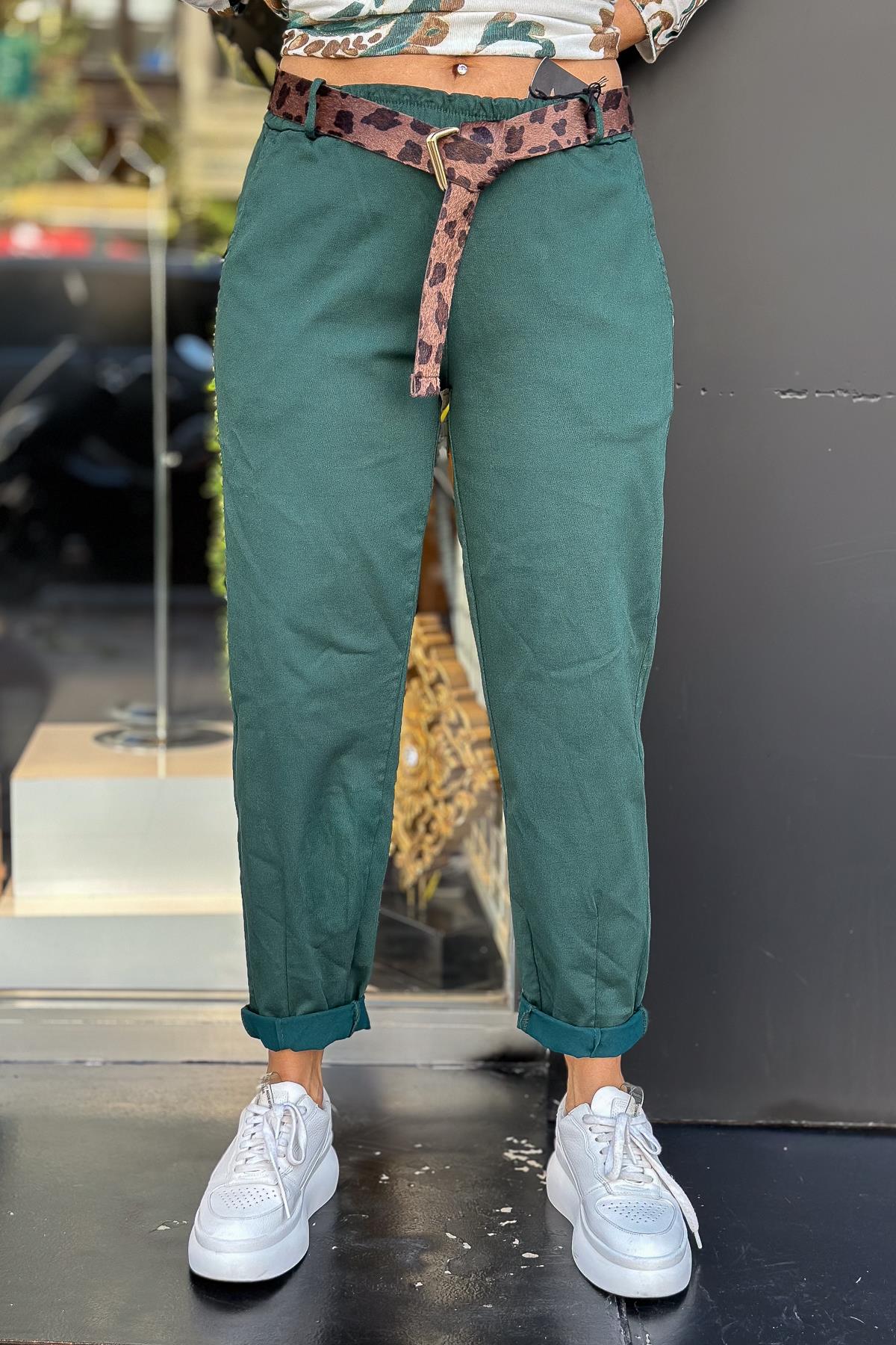 Leopar Kemerli Basic Likralı Pantolon Nefti Yeşil RenkPANTOLON
