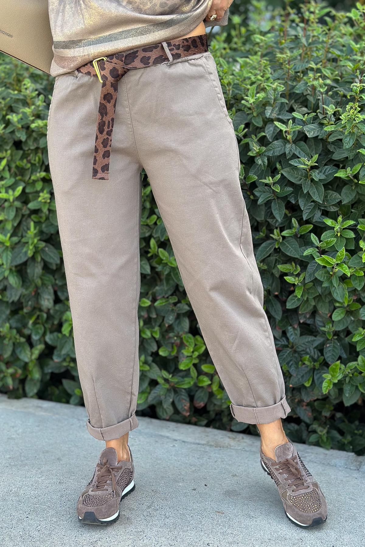 Leopar Kemerli Basic Likralı Pantolon Vizon RenkPANTOLON