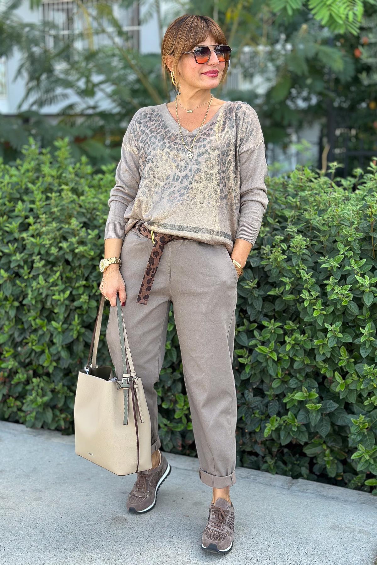 Leopar Kemerli Basic Likralı Pantolon Vizon RenkPANTOLON