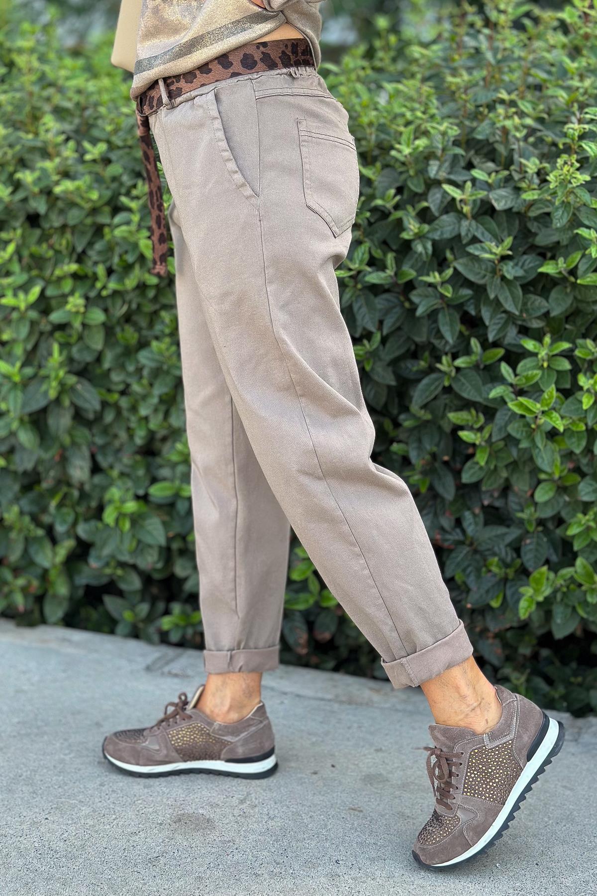 Leopar Kemerli Basic Likralı Pantolon Vizon RenkPANTOLON