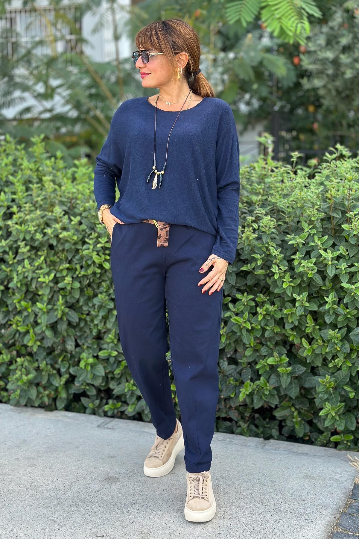 Leopar Kemerli Basic Likralı Pantolon Lacivert RenkPANTOLON