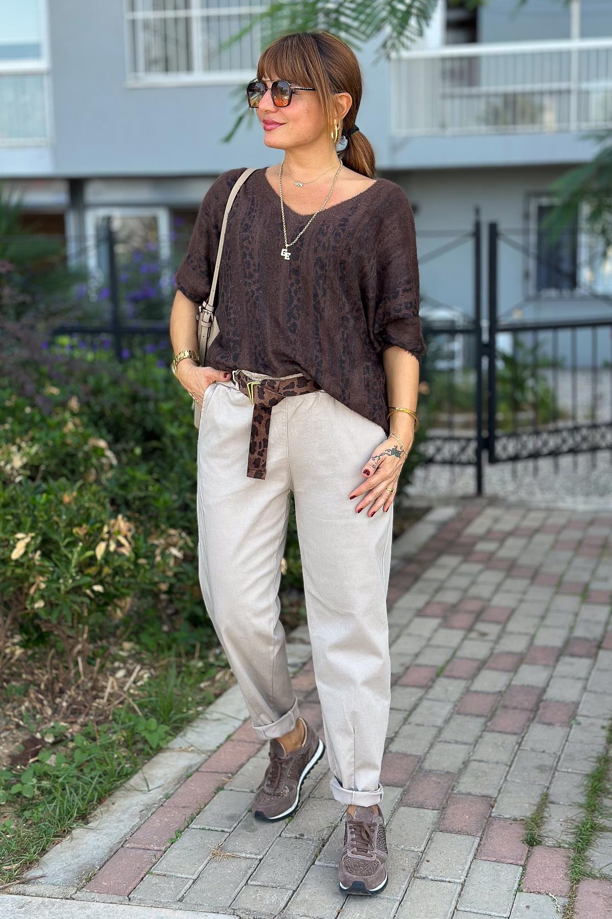 Leopar Kemerli Basic Likralı Pantolon Bej RenkPANTOLON