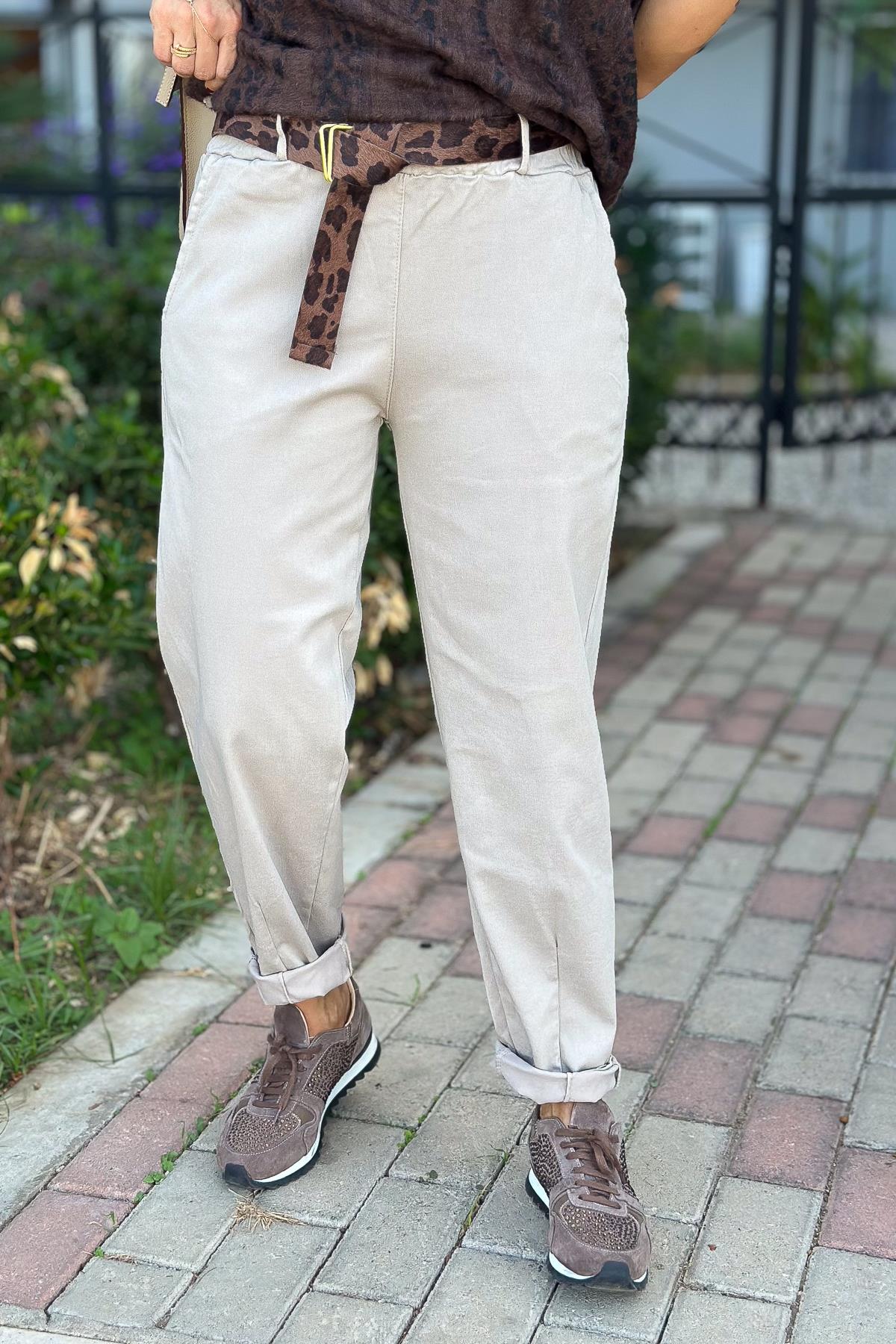 Leopar Kemerli Basic Likralı Pantolon Bej RenkPANTOLON